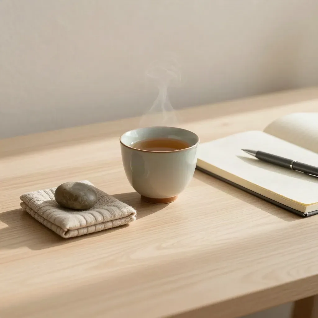 Sage cup, wrist rest, stone, closed notebook and pen in soft morning desk light.