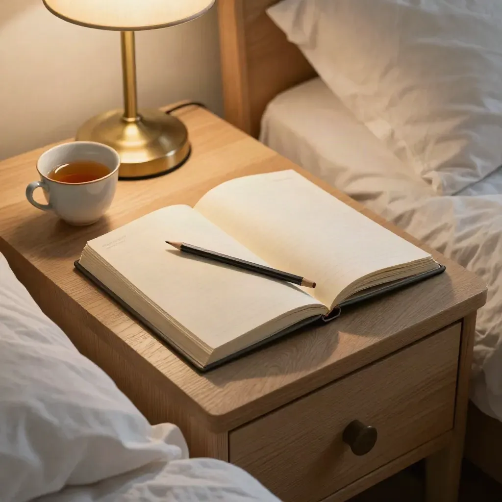 Quiet bedside journal, pencil, tea, and lamp glow on a pale oak nightstand.