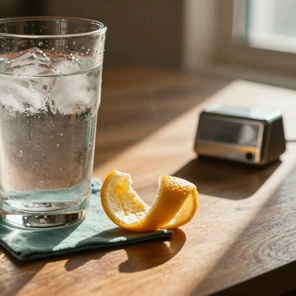 Iced water, citrus peel and a timer crossed by a bright window shadow on wood.
