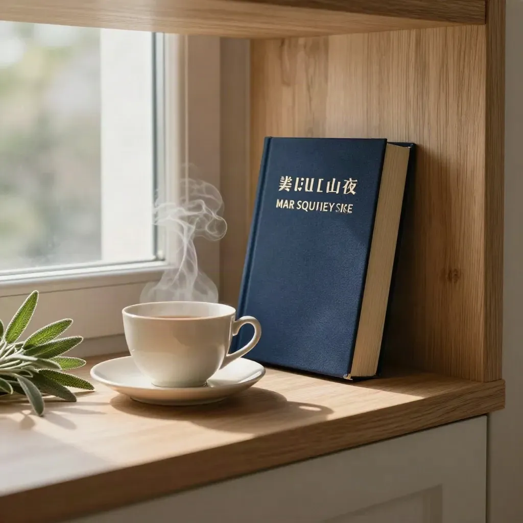 Cozy reading nook with closed wellness books, tea cup, blanket and plant in soft window light.