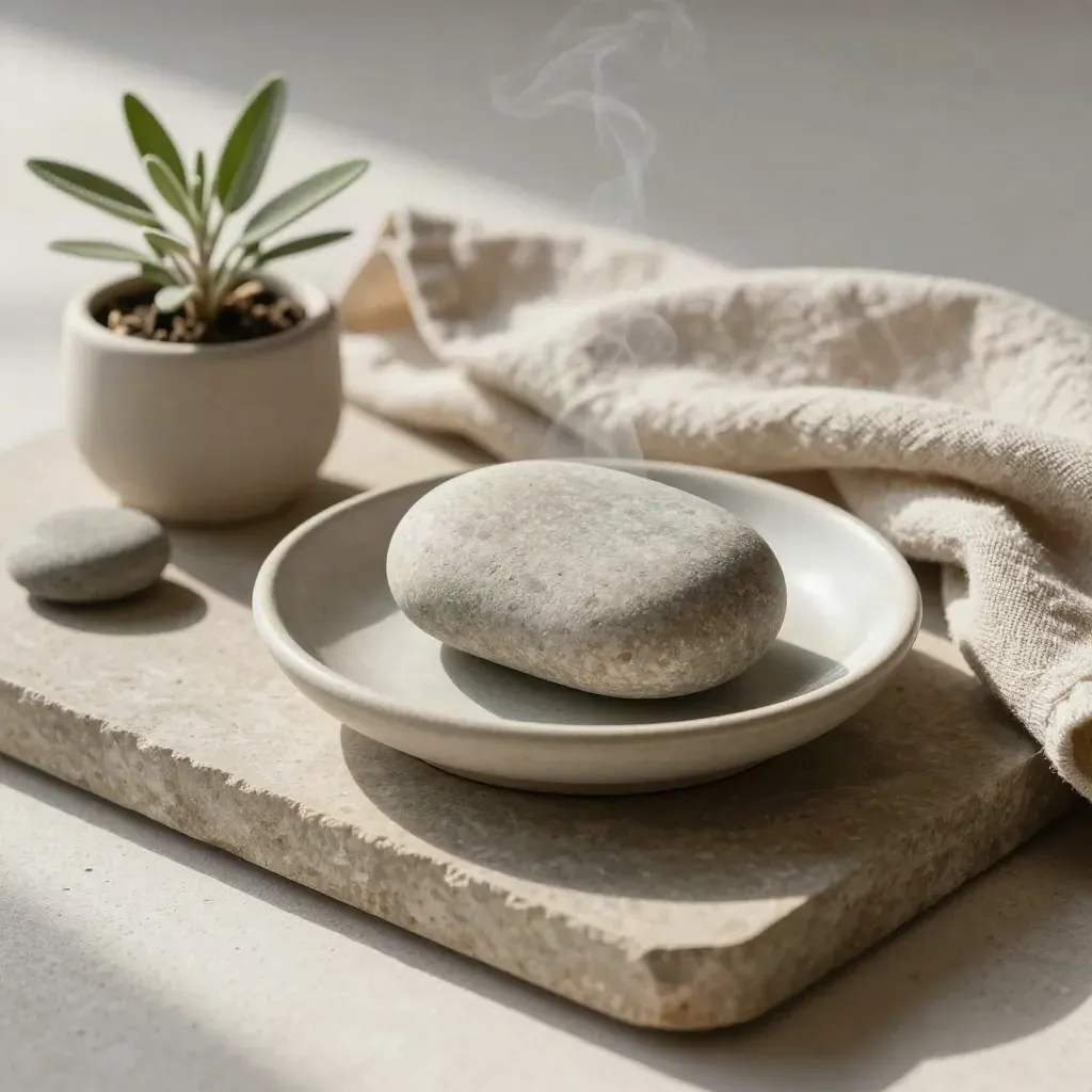 Palm stone in ceramic dish with linen and tiny plant on a stone tray, lit softly.