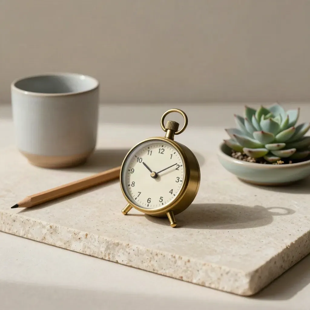 Brass timer, pencil, cup and succulent on pale stone in soft window light.