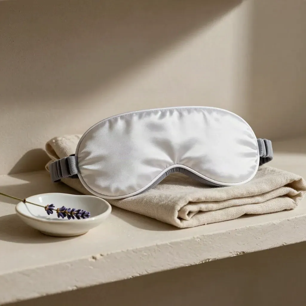 Sleep mask, linen, dish, and lavender on a plaster shelf in soft evening light.