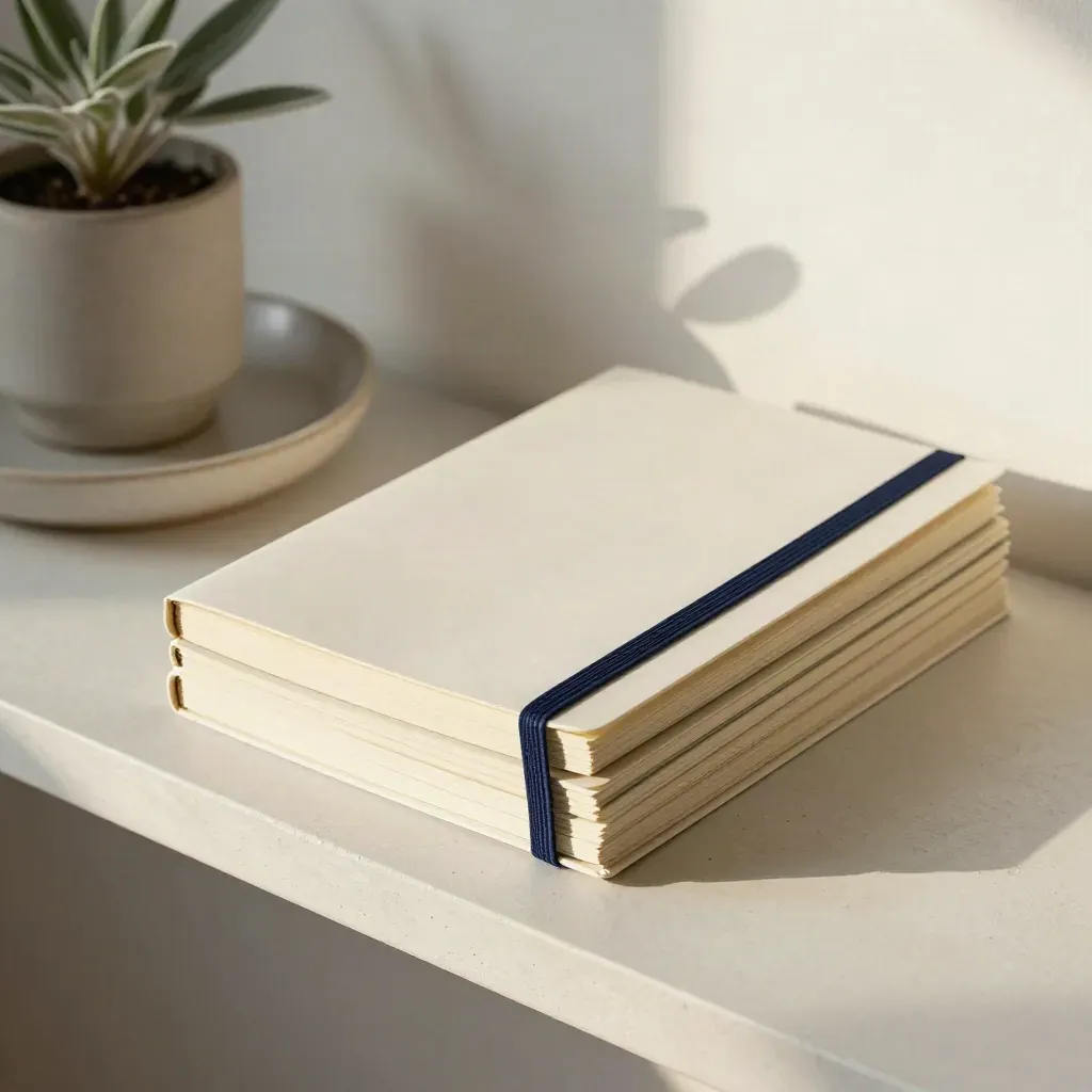 Stacked blank notebooks with navy bands, ceramic dish and small plant on a pale plaster shelf.