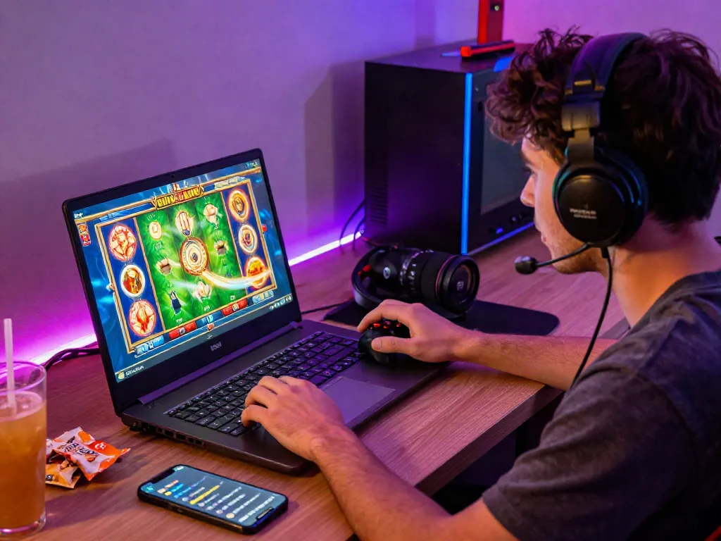 situs slot gaming experience on laptop with colorful graphics and engaging atmosphere