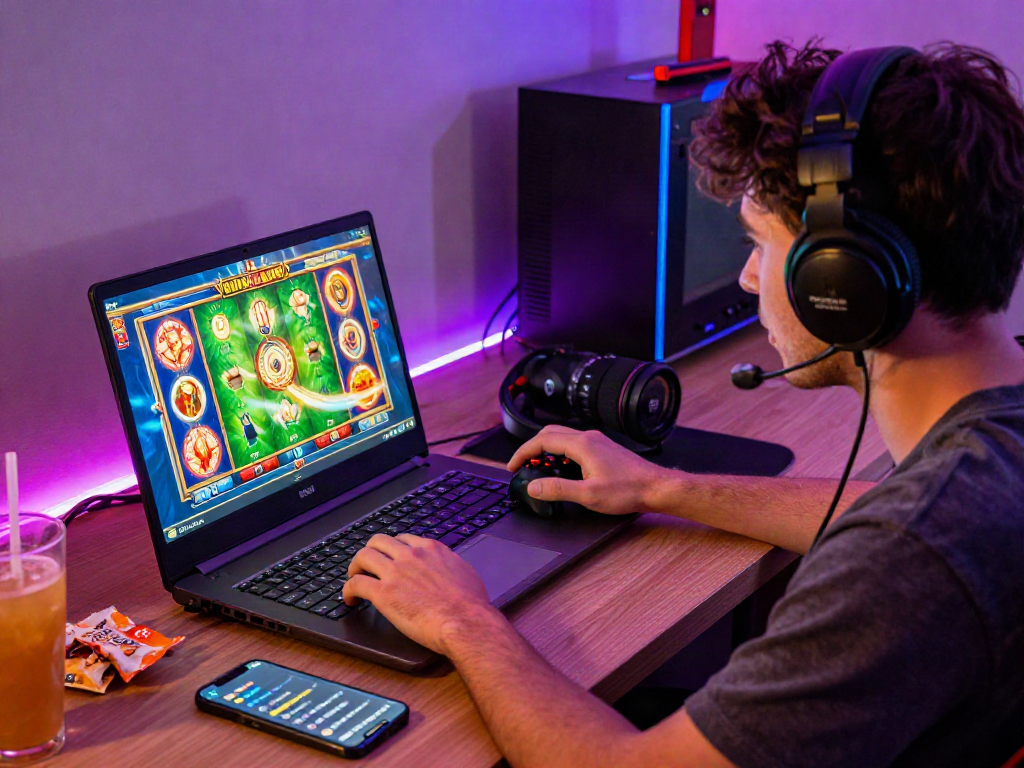 situs slot gaming experience on laptop with colorful graphics and engaging atmosphere
