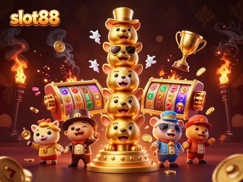 Tampilkan permainan slot88 dengan simbol keberuntungan dan jackpot besar yang memikat pemain.
