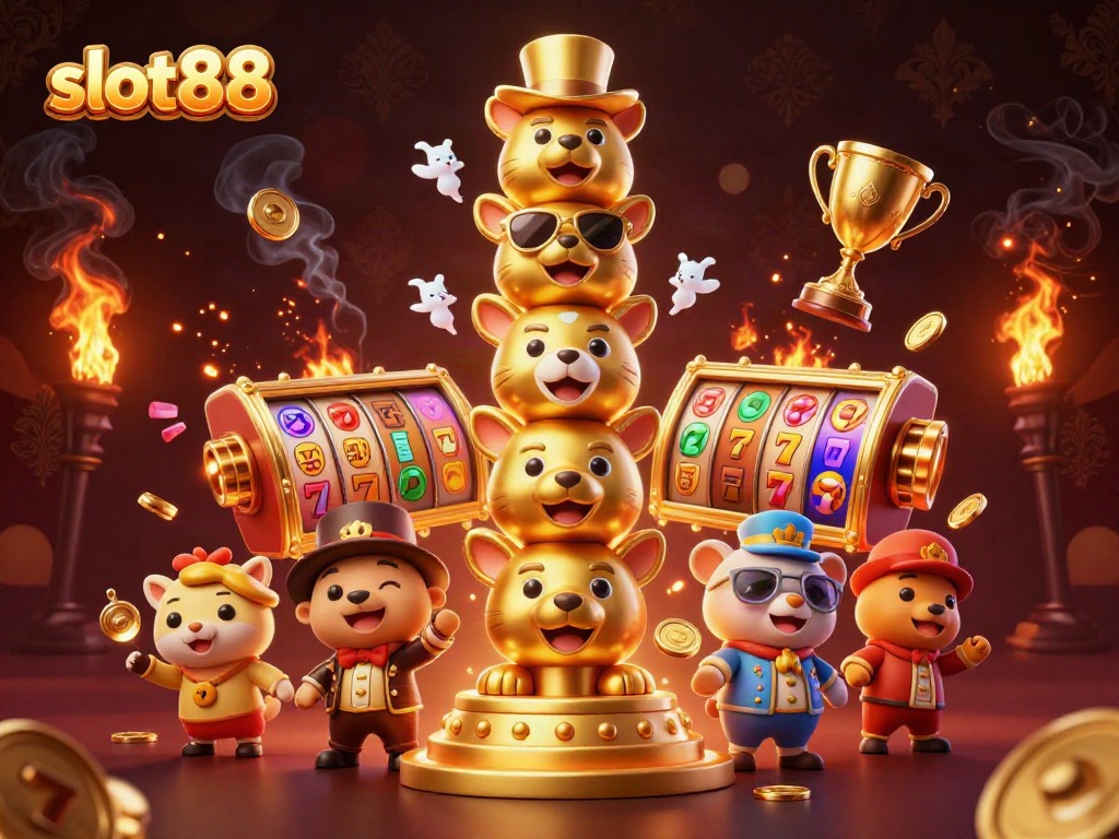 Tampilkan permainan slot88 dengan simbol keberuntungan dan jackpot besar yang memikat pemain.