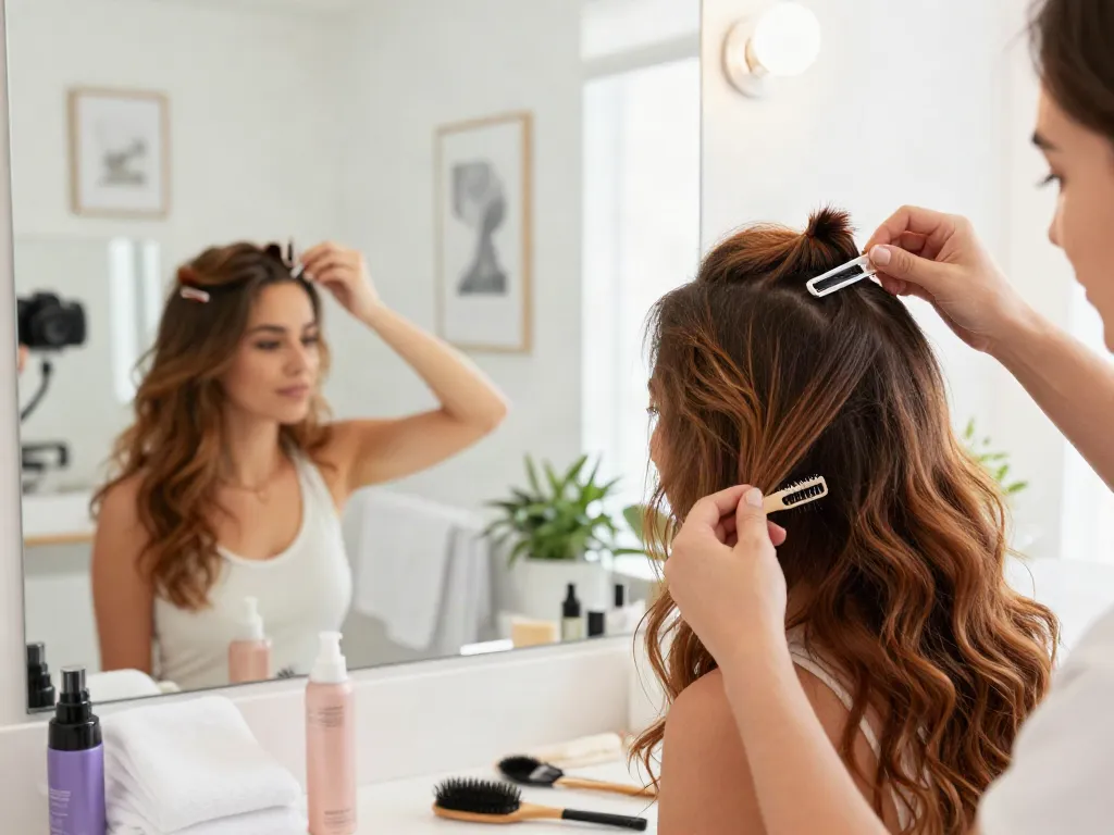 Applying scalp hair fill-ins clip ins for fuller hair in bright bathroom setting with beauty products.
