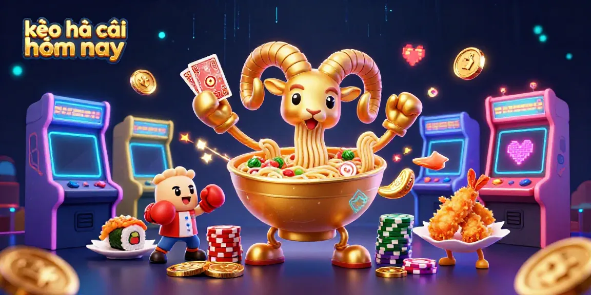 Engage with kèo nhà cái hôm nay in this vibrant, colorful casino scene featuring a giant ramen bowl dealer and energetic characters.