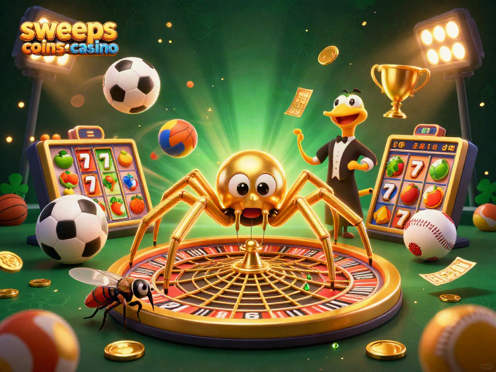 Engaging scene with golden spider and centipede croupier at sweeps coins casino spinning a roulette-inspired web.
