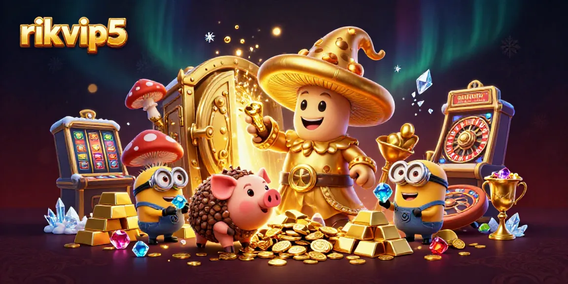 Engage with the magical world of rikvip5, showcasing a golden wizard and treasure amidst casino elements.