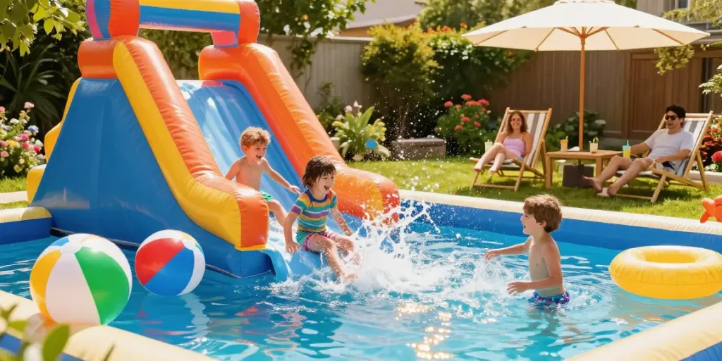 Children enjoying an inflatable water slide in a sunny backyard, creating joyful splashes.