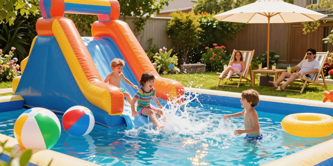 Children enjoying an inflatable water slide in a sunny backyard, creating joyful splashes.