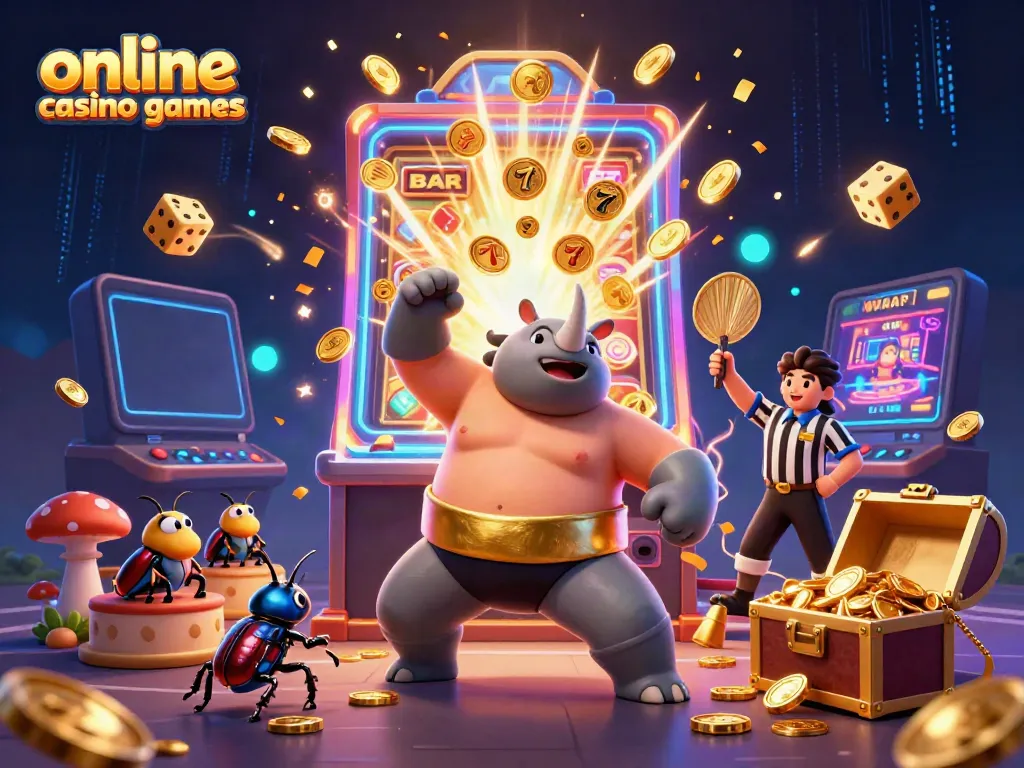 Experience vibrant online casino games with a sumo beetle champion and slot machine excitement.