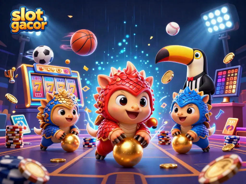 Engage with slot gacor action as 3D pangolins compete with poker chips and golden elements, set in a dynamic casino scene.