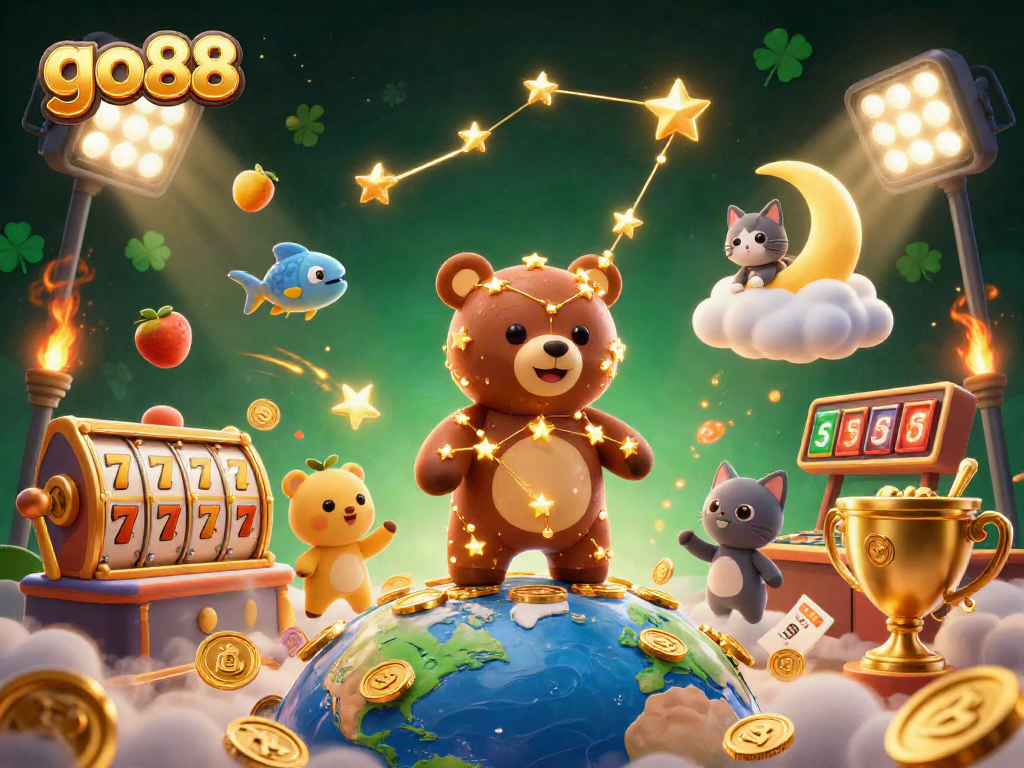 Experience exciting gameplay at go88 with a lively scene of winning slots, golden trophies, and lucky symbols.