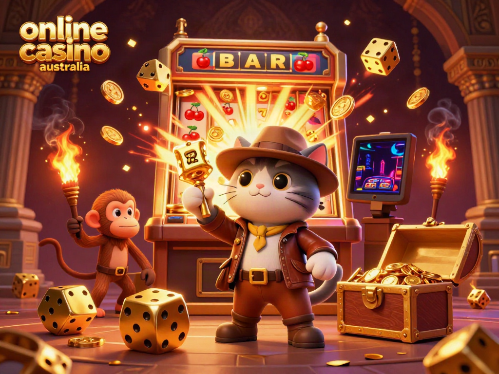 Engage with online casino australia's vibrant scene featuring an explorer cat, monkey companion, and slot machine treasures.