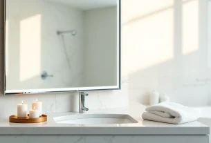 Stylish elegant led mirror reflecting a modern bathroom, enhancing the serene atmosphere.