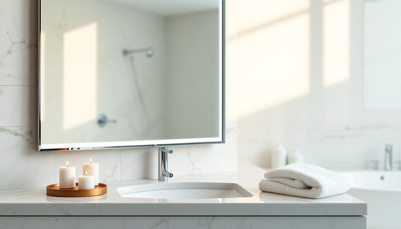 Stylish elegant led mirror reflecting a modern bathroom, enhancing the serene atmosphere.