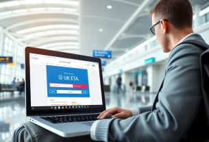 Traveler demonstrating the uk eta online application process at a modern airport terminal.