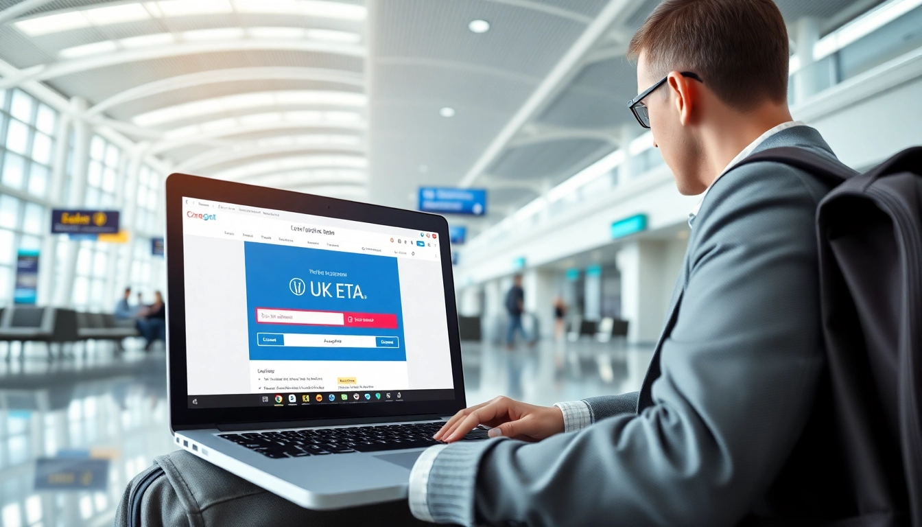 Traveler demonstrating the uk eta online application process at a modern airport terminal.