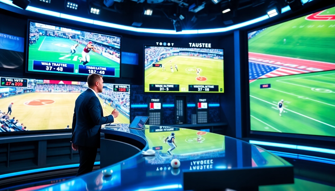 Dynamic sports broadcasting studio featuring an anchor delivering live updates.
