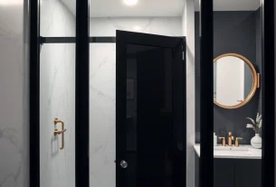 Stylish black shower door showcasing elegance in a modern bathroom setting.