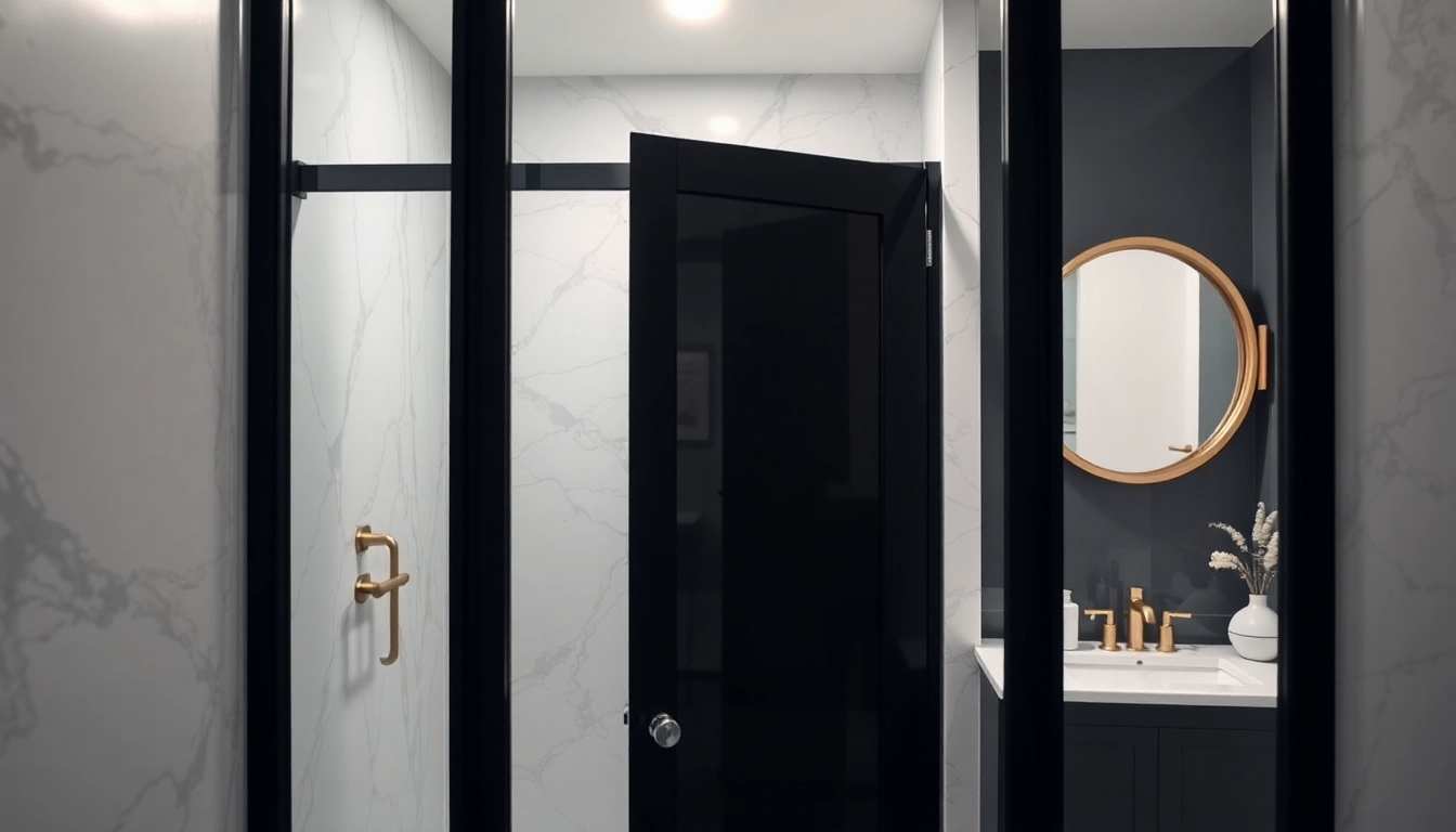 Stylish black shower door showcasing elegance in a modern bathroom setting.