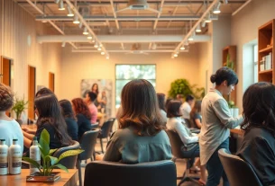 Creative perm hairstyles in a serene San Diego salon, showcasing expert stylists at work.