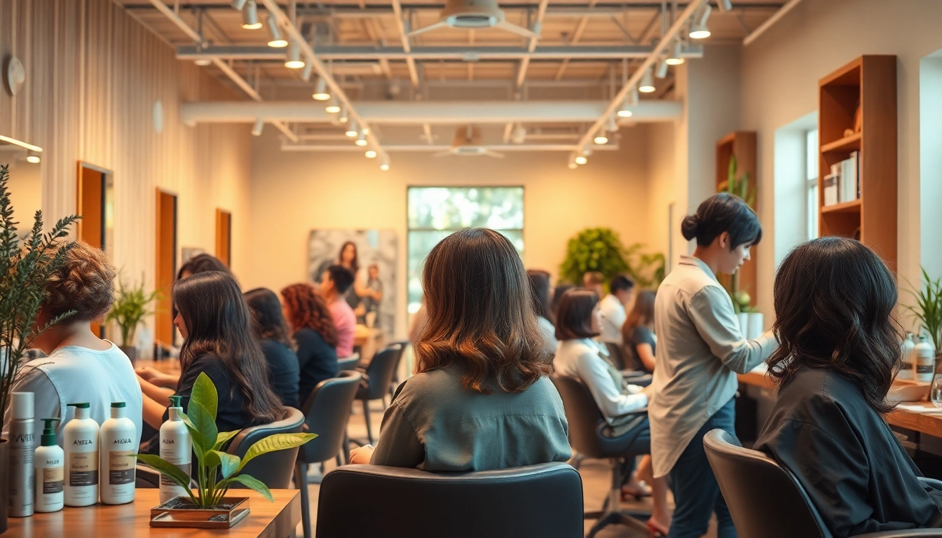 Creative perm hairstyles in a serene San Diego salon, showcasing expert stylists at work.