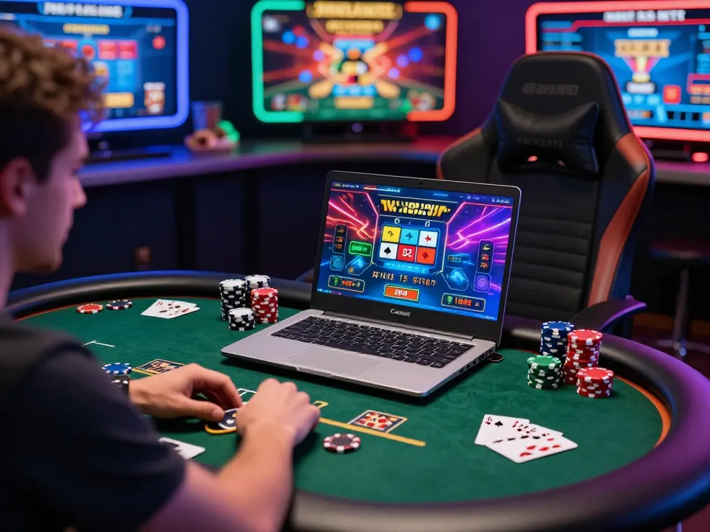 Player enjoying Poker at 789club in a vibrant online gaming setup with colorful graphics and accessories.