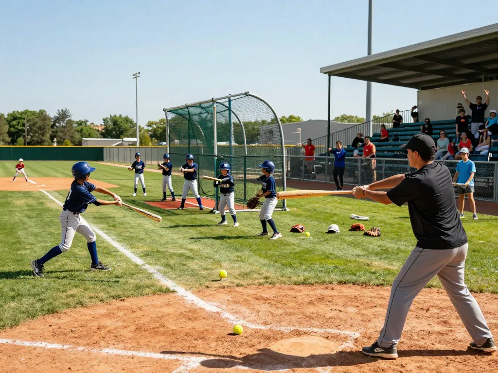 Hitclub baseball training scene with young athletes practicing swings in a sunny complex.