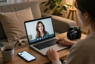 Cozy virtual chat with AI gf on a laptop in a relaxed indoor setting.
