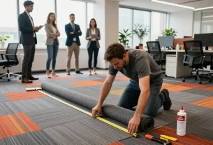 Installation of commercial carpet showcasing professional approach and office transformation.