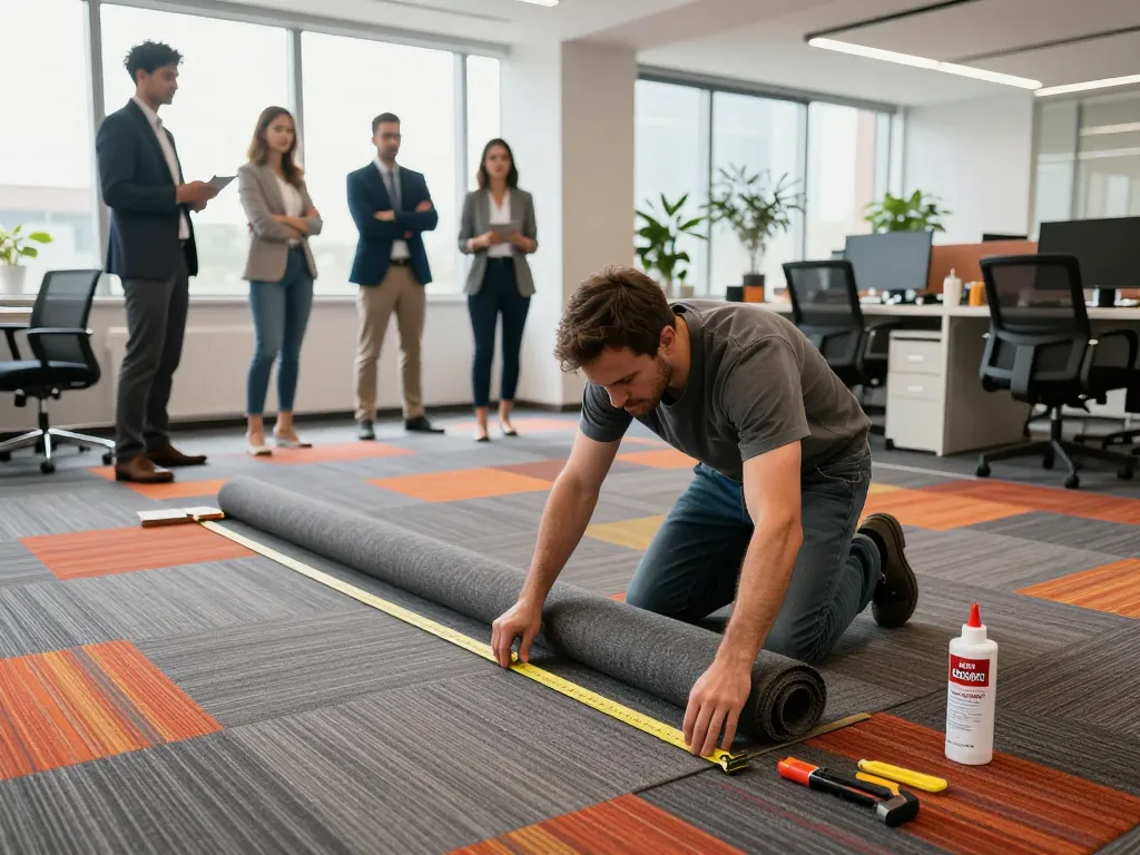 Installation of commercial carpet showcasing professional approach and office transformation.
