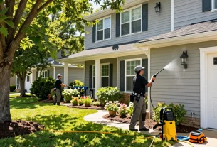 Atlanta pressure washing company crew cleaning home exterior with professional equipment, showcasing bright landscape.