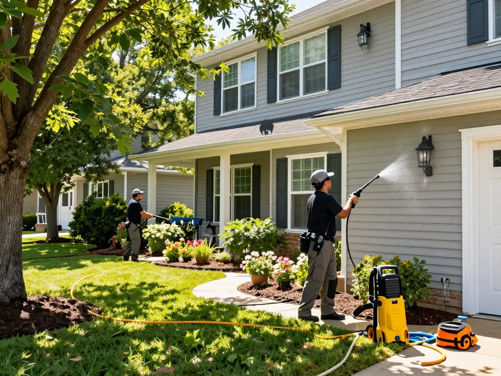 Atlanta pressure washing company crew cleaning home exterior with professional equipment, showcasing bright landscape.