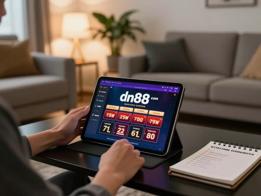 Engaged player using dn88 com online casino app on tablet in cozy home setting