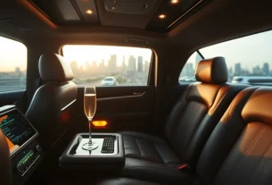 Inside a luxurious Hollywood Town Car and Limousine featuring elegant leather seats and city skyline views.