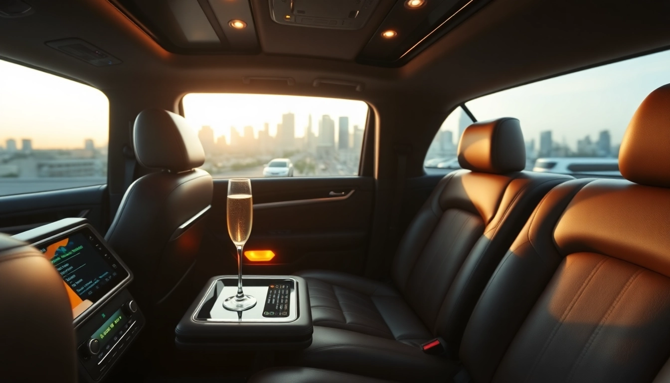 Inside a luxurious Hollywood Town Car and Limousine featuring elegant leather seats and city skyline views.