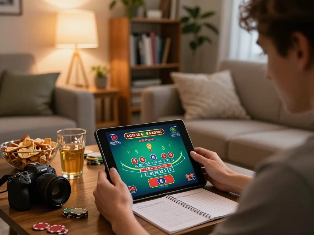 Engaging with live dealer game on tablet at https://lc88.it.com/ in cozy home setting with snacks
