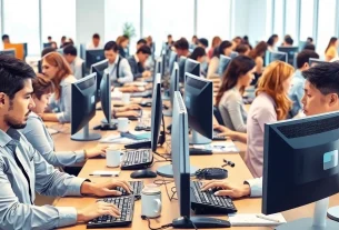 Engaging scene in a typing center where professionals expertly handle tasks with modern technology.