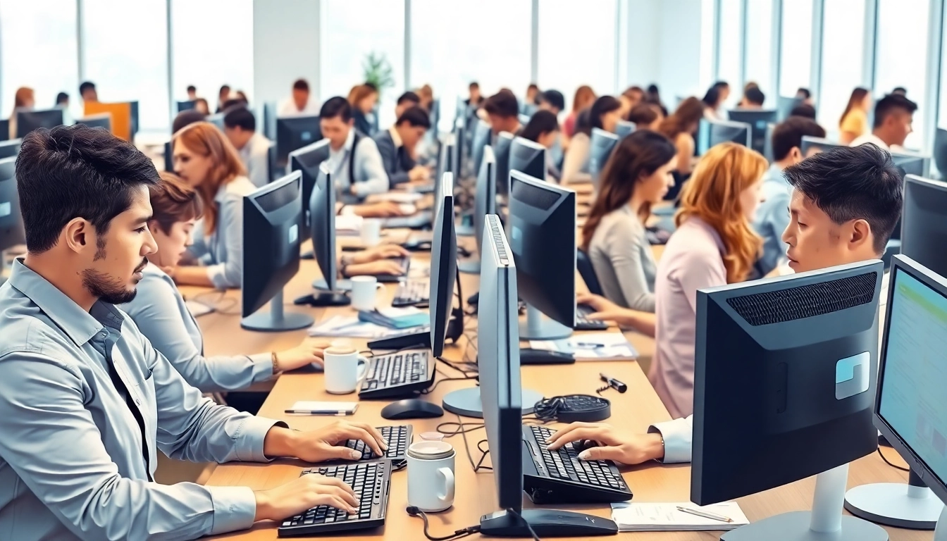 Engaging scene in a typing center where professionals expertly handle tasks with modern technology.