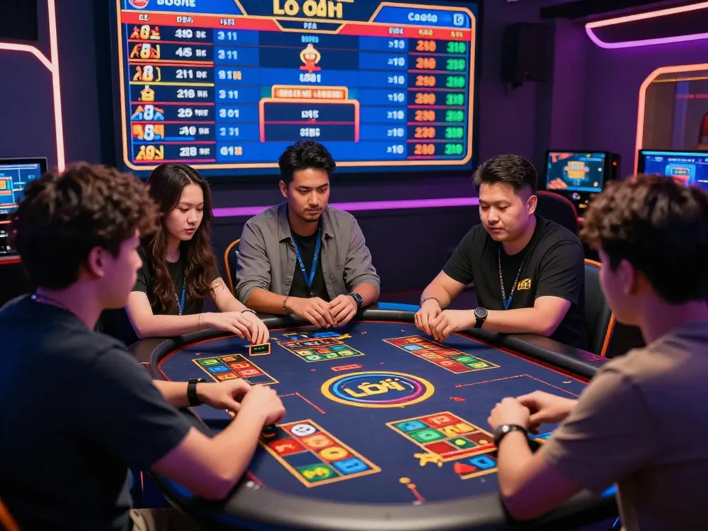 Exciting Lô Đề hôm nay betting scene with players discussing strategies at digital table.