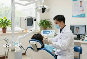 Dental reviews spotlighting a modern dental office environment with a dentist and advanced dental equipment.