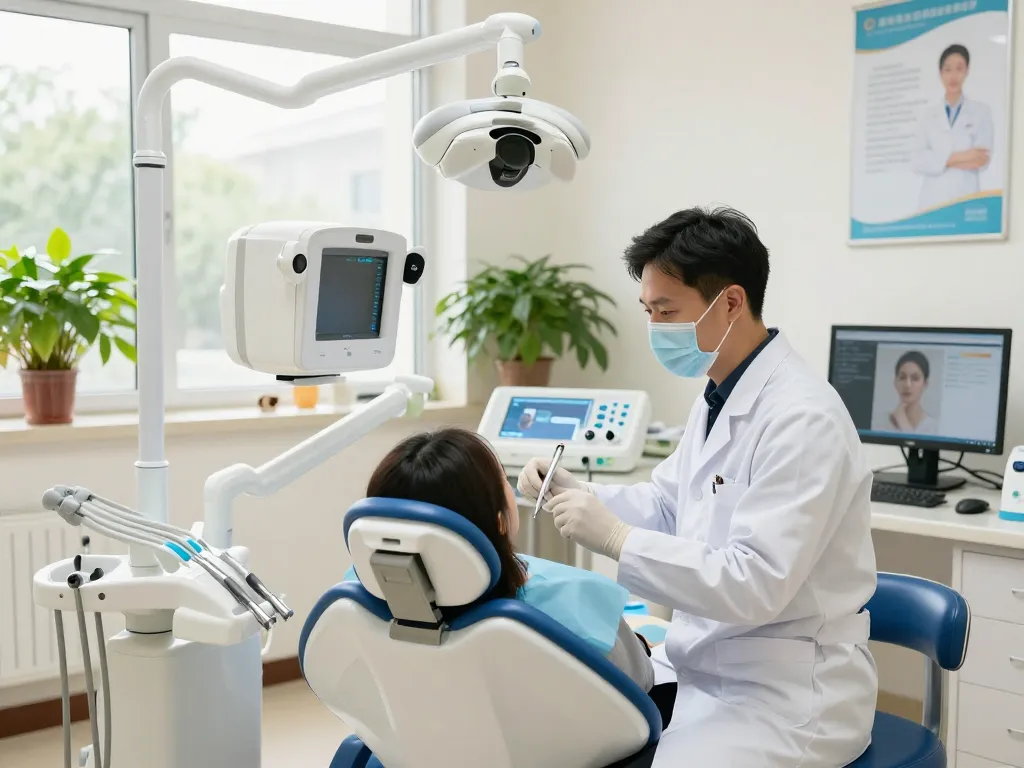 Dental reviews spotlighting a modern dental office environment with a dentist and advanced dental equipment.