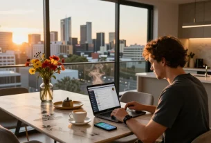 Airbnb management in Perth with a host reviewing bookings in a stylish apartment.