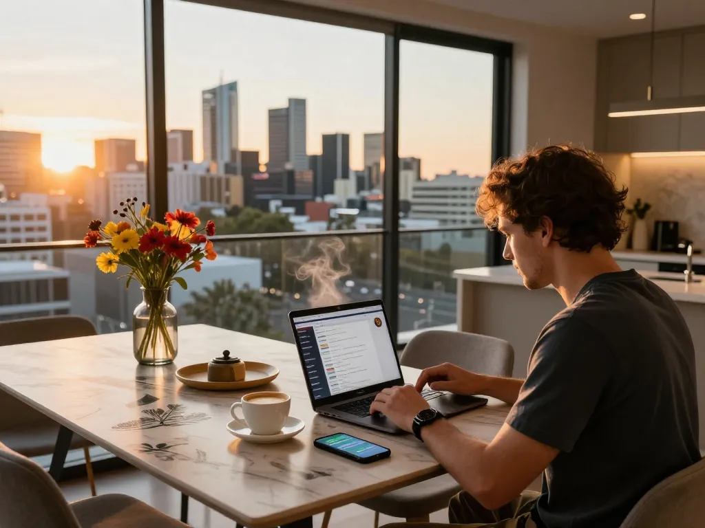 Airbnb management in Perth with a host reviewing bookings in a stylish apartment.