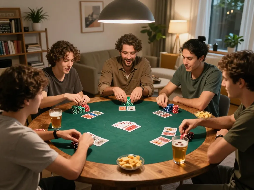 Friends enjoying a poker game at home with chips and cards in play at https://go8.onl/ for strategic fun.